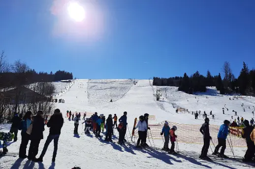 Sonniger Tag im Skigebiet: Eine Menschenmenge in Skikleidung wartet am Fuß eines verschneiten Hangs mit Tannenwald.